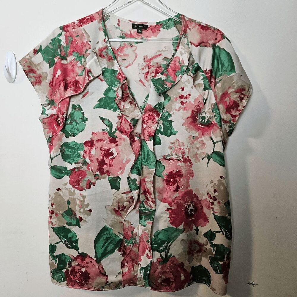 Talbots Cap Sleeve Silky Floral V neck Blouse with Ruffle Top Womens Red/Green/